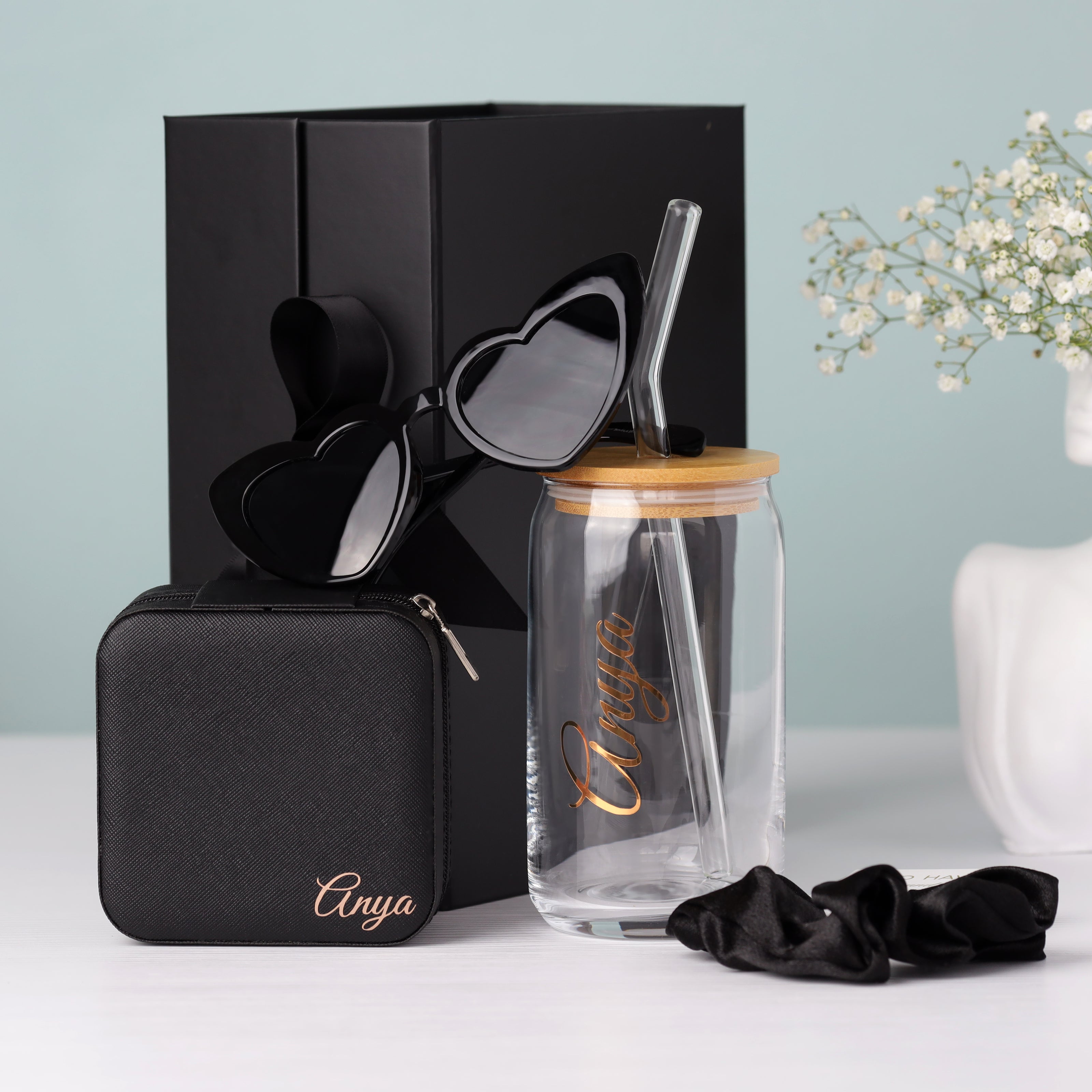 Bridesmaid proposal box with tumbler displayed on table