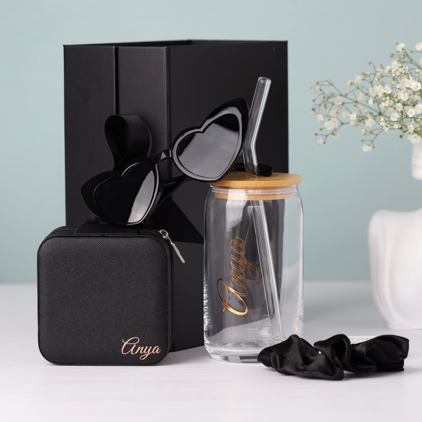 Bridesmaid proposal box with tumbler displayed on table