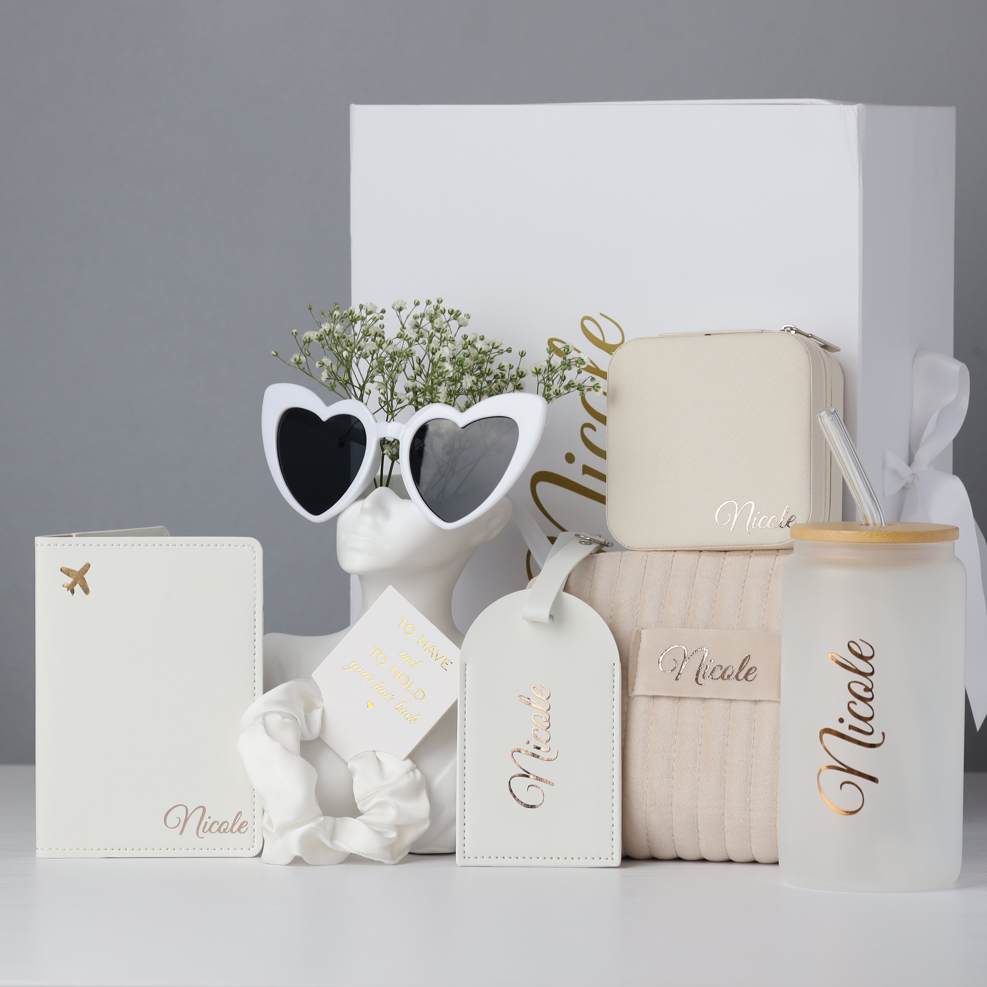Bridesmaid gift box open with items arranged inside set