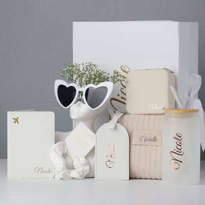 Bridesmaid gift box open with items arranged inside set