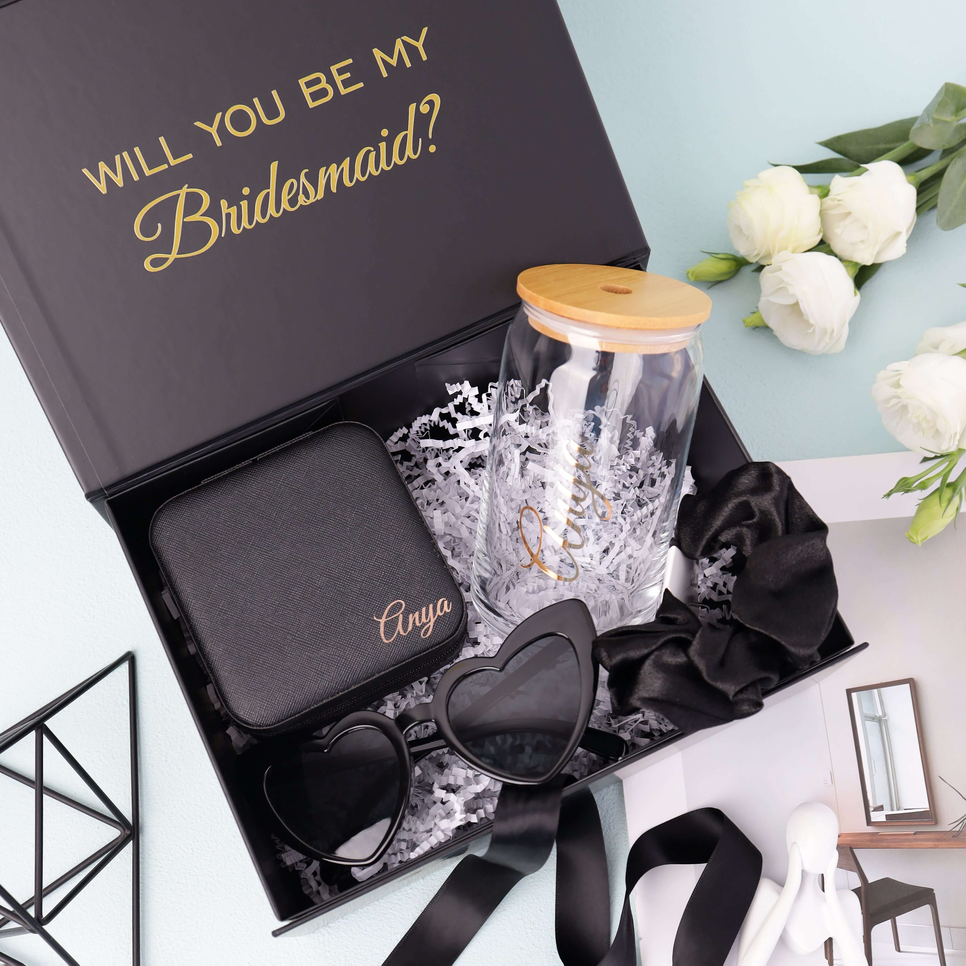Bridesmaid proposal box set with tumbler and accessories black theme