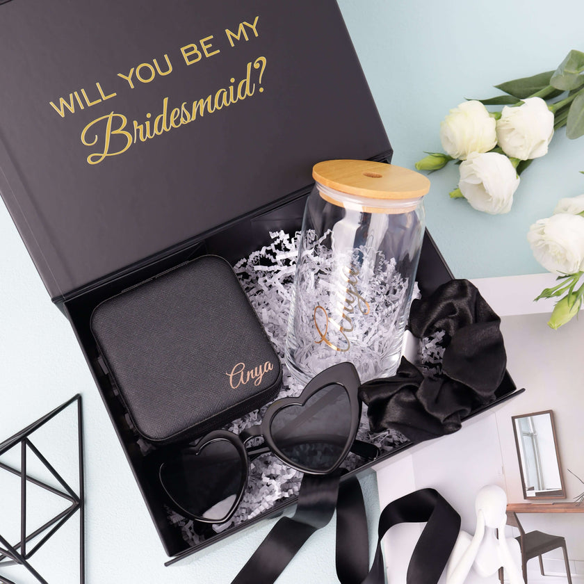 Bridesmaid proposal box set with tumbler and accessories black theme