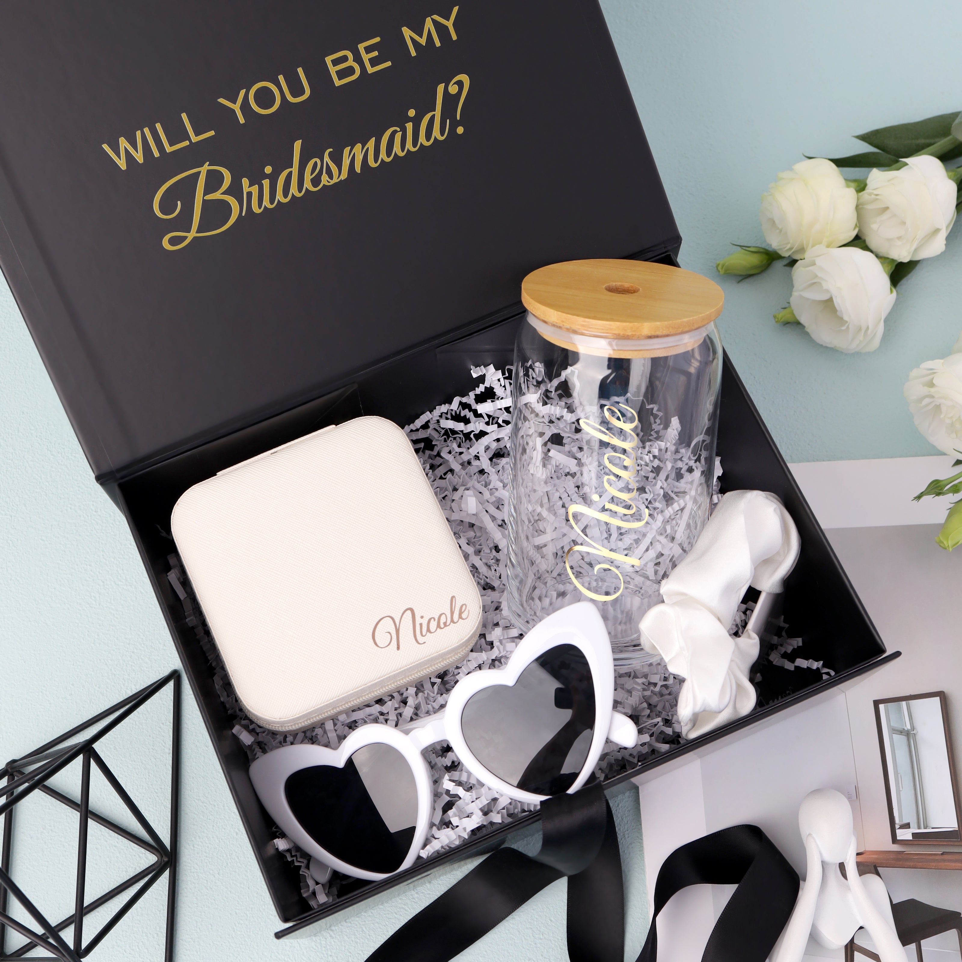 Black bridesmaid proposal box with tumbler gift set arrangement