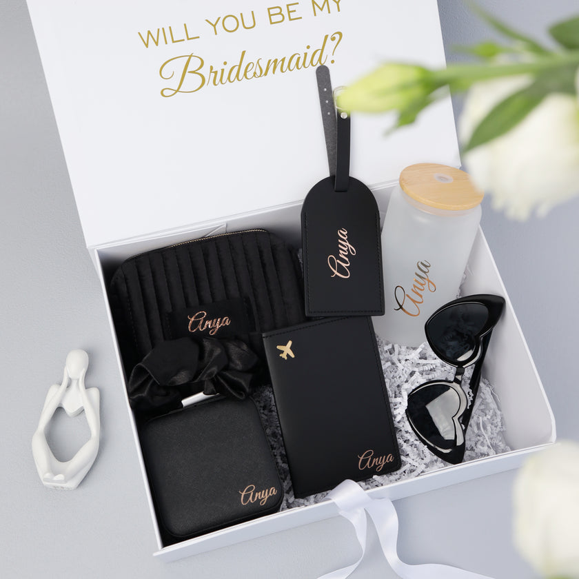 Bridesmaid gift box with accessories aesthetic arrangement