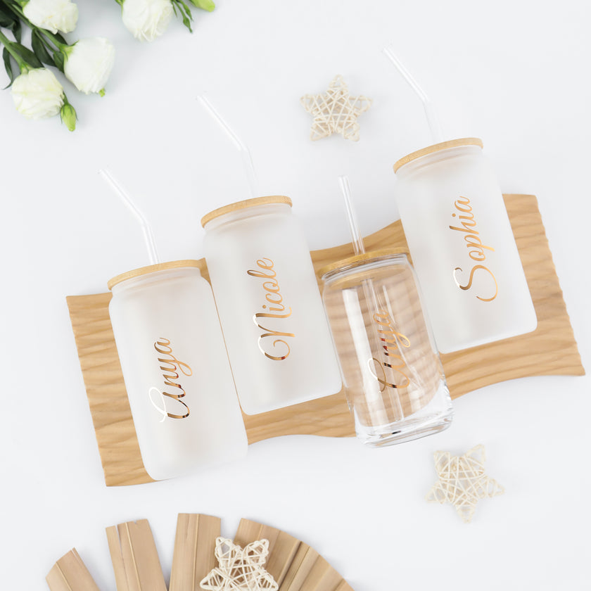 Personalized Frosted Glass Tumbler with Lid | Custom Iced Coffee Cup