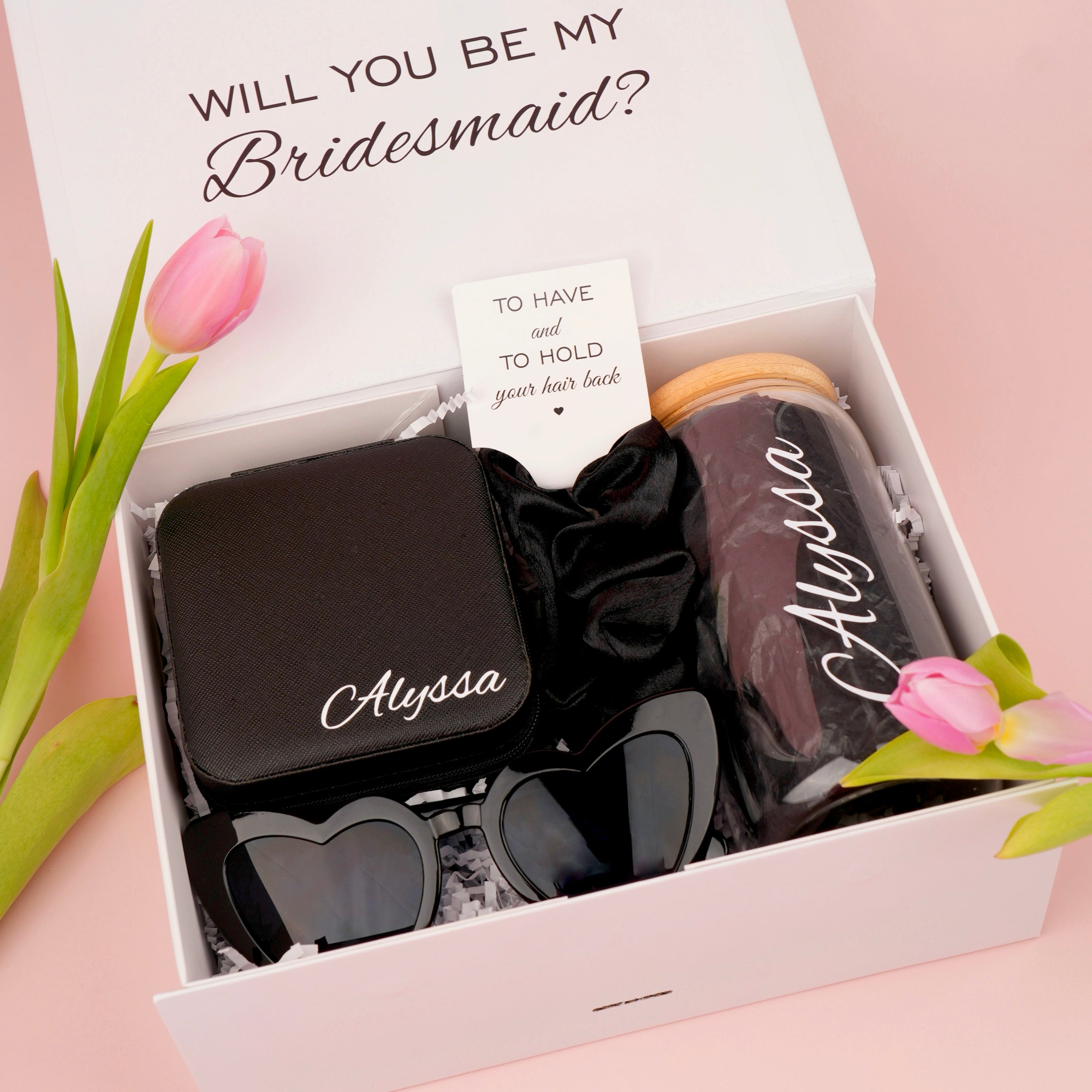 Black bridesmaid gift box open with tumbler inside set