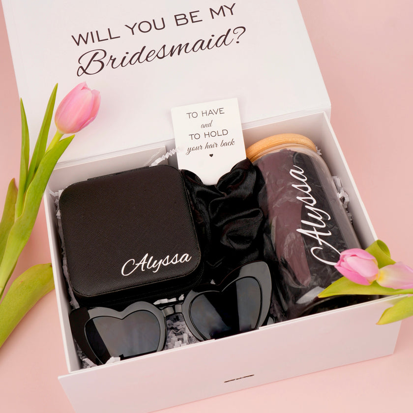 Black bridesmaid gift box open with tumbler inside set