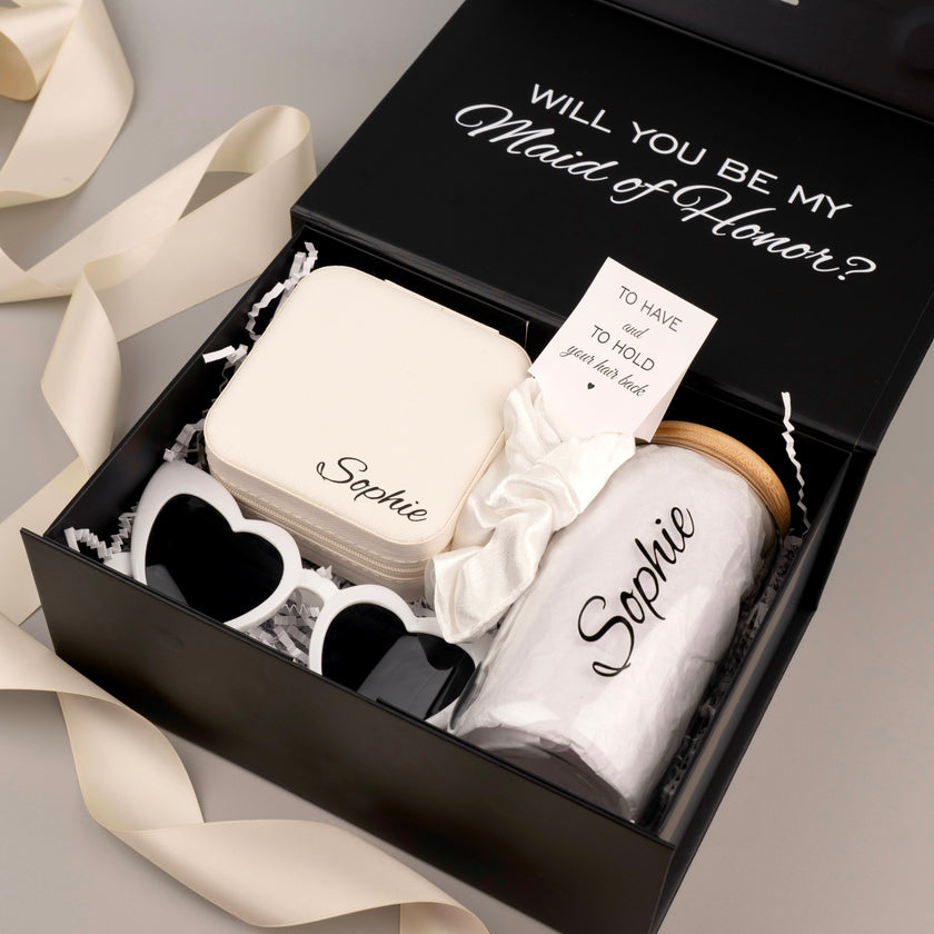 Bridesmaid gift box with green decor and tumbler aesthetic