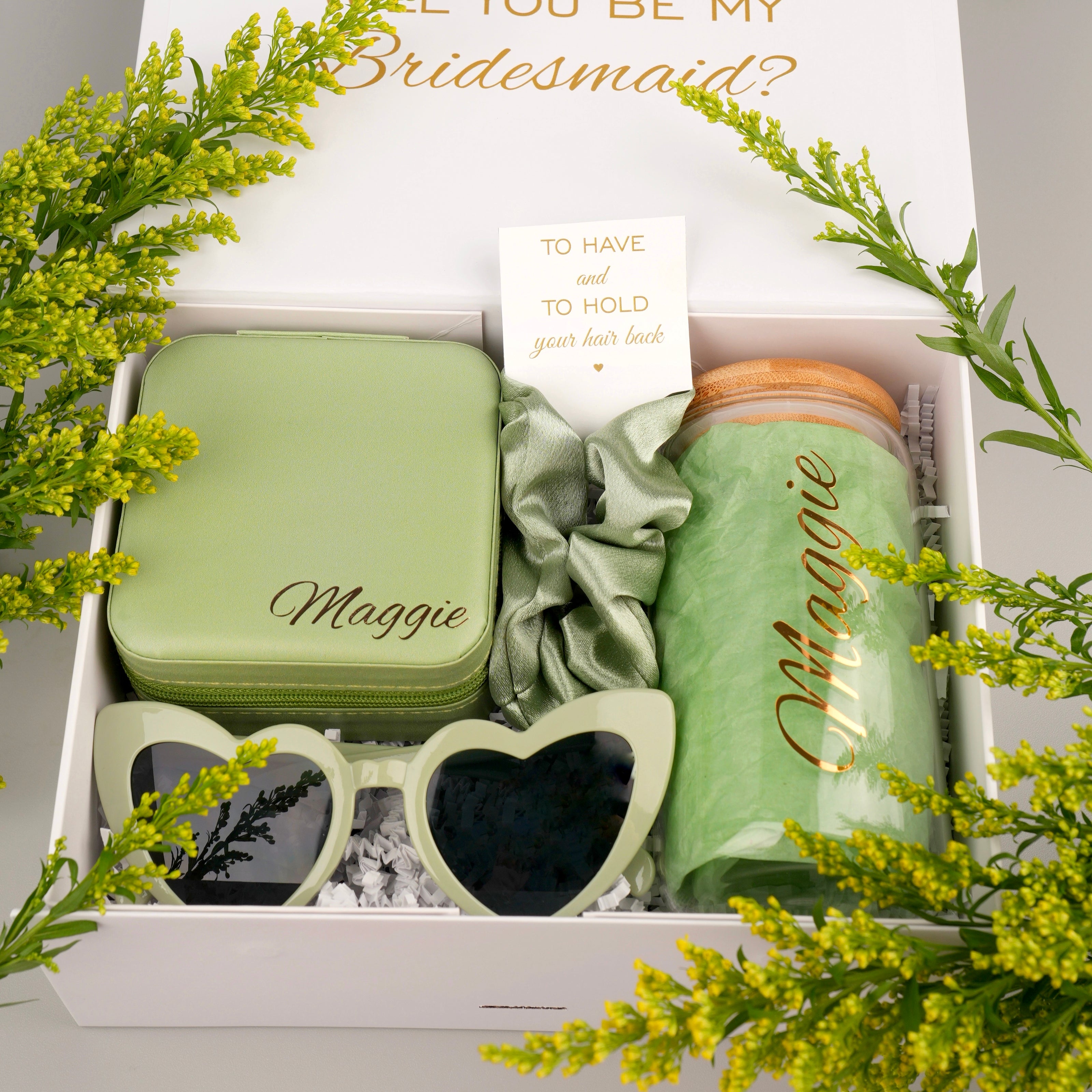 Bridesmaid gift box with blue theme tumbler arrangement