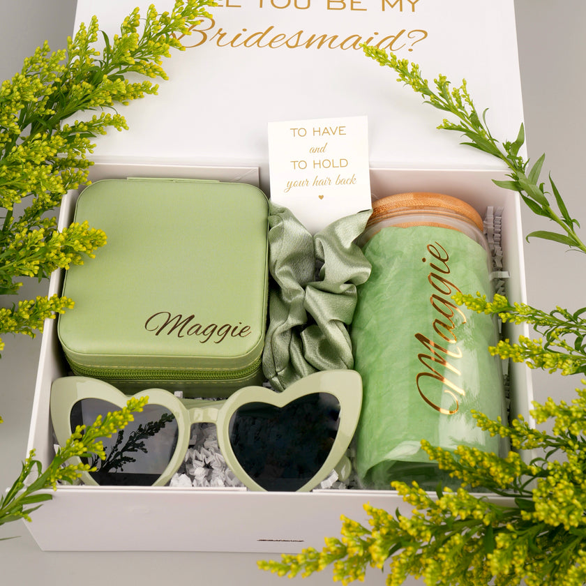 Bridesmaid gift box with blue theme tumbler arrangement