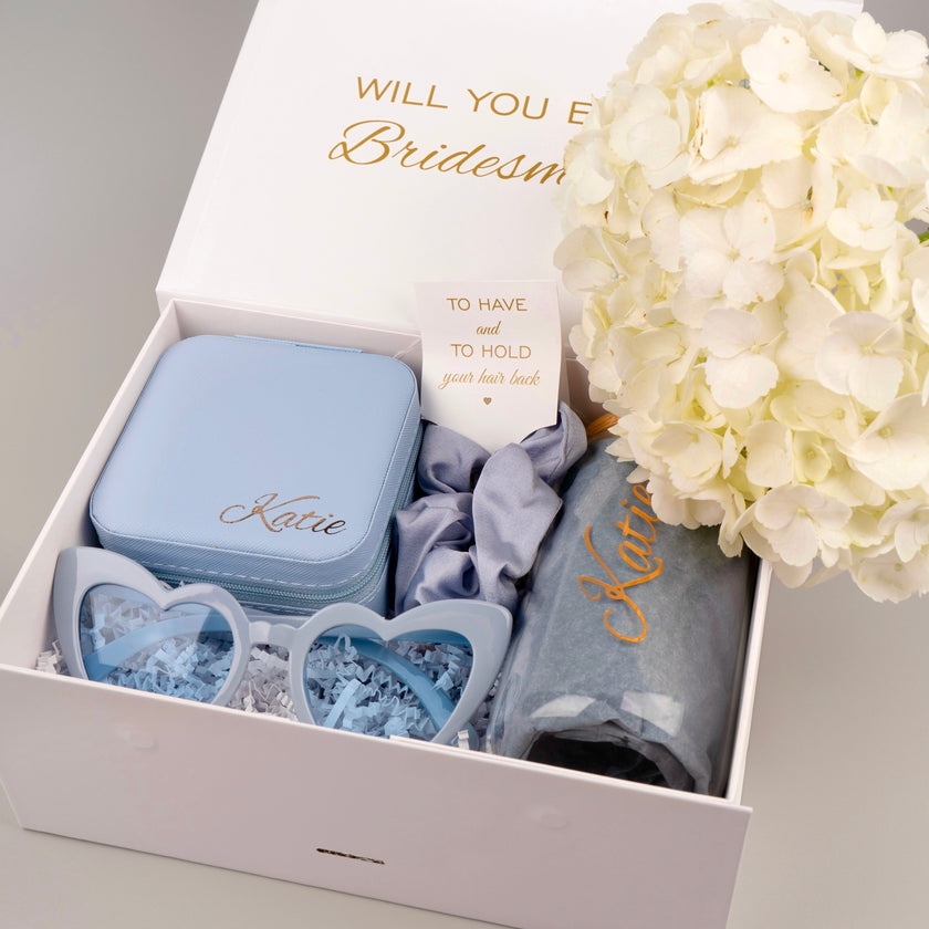 Bridesmaid gift box with blue theme tumbler and accessories