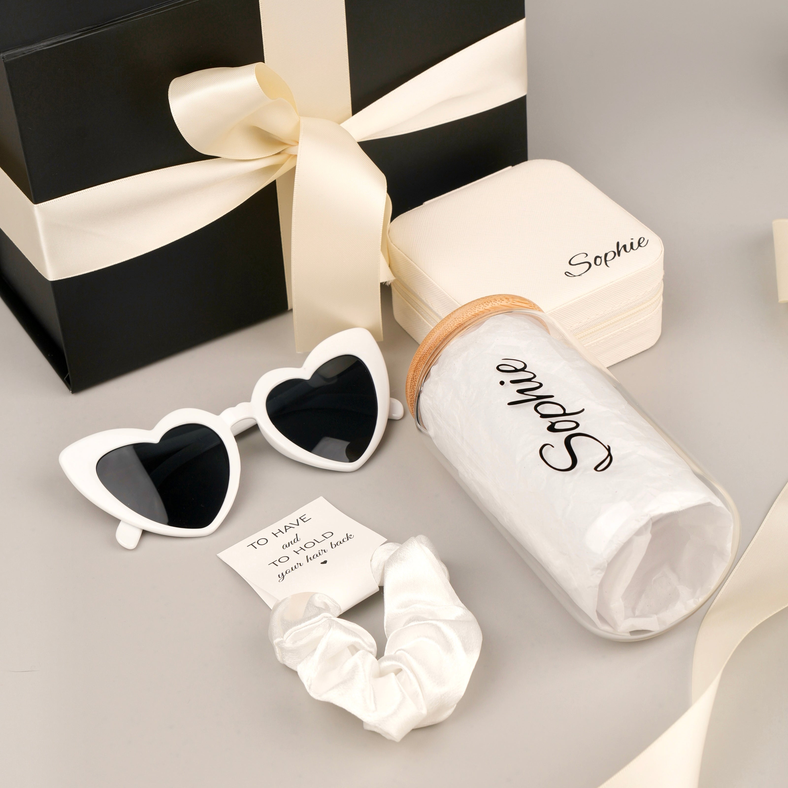 Bridesmaid gift box with white sandals and tumbler aesthetic set
