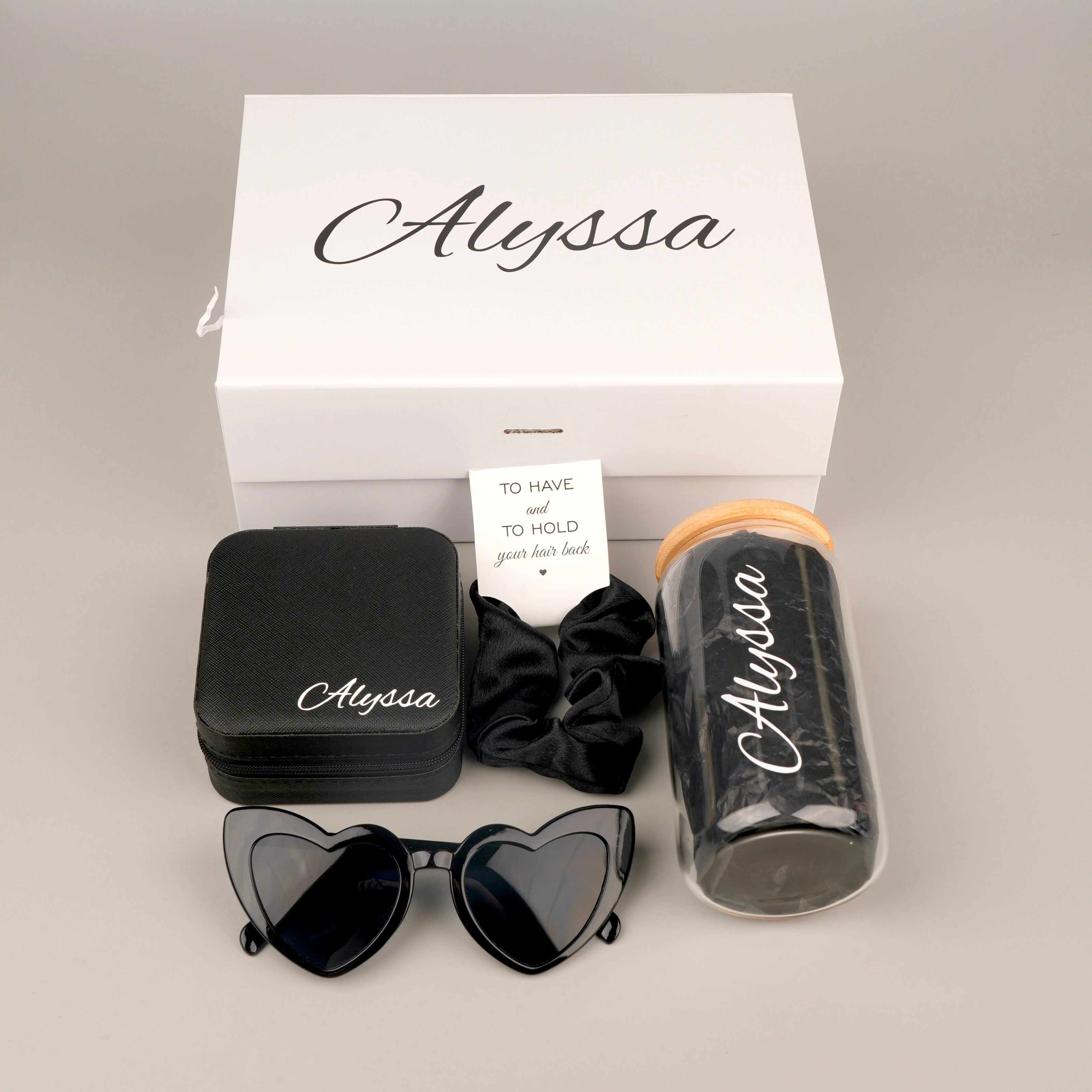 Personalized bridesmaid gift box black set with tumbler and pouch