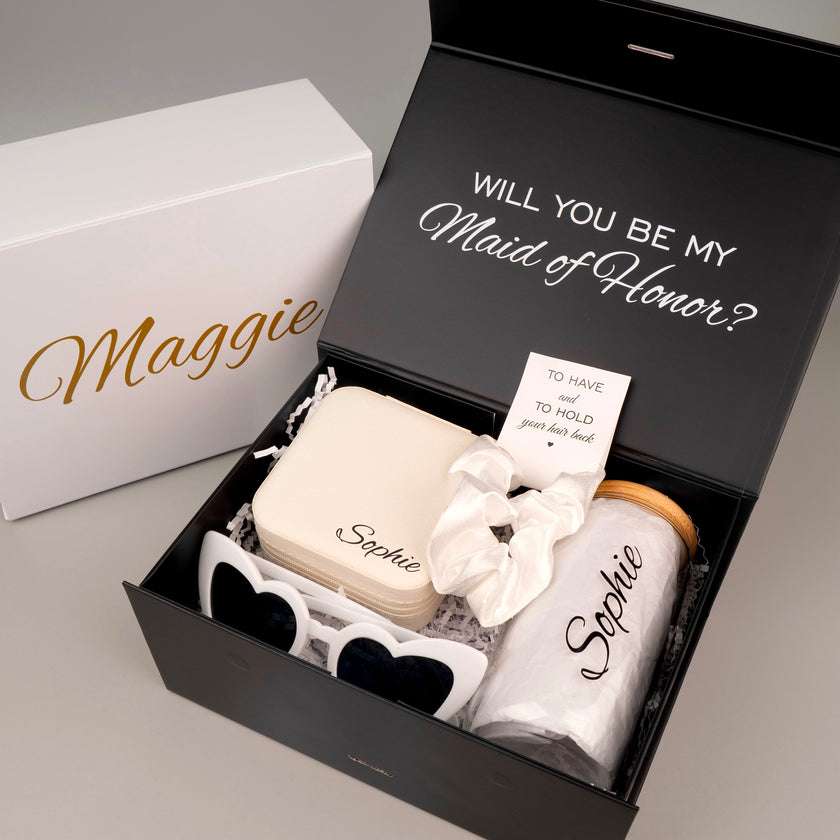 Open bridesmaid gift box black set with tumbler inside view