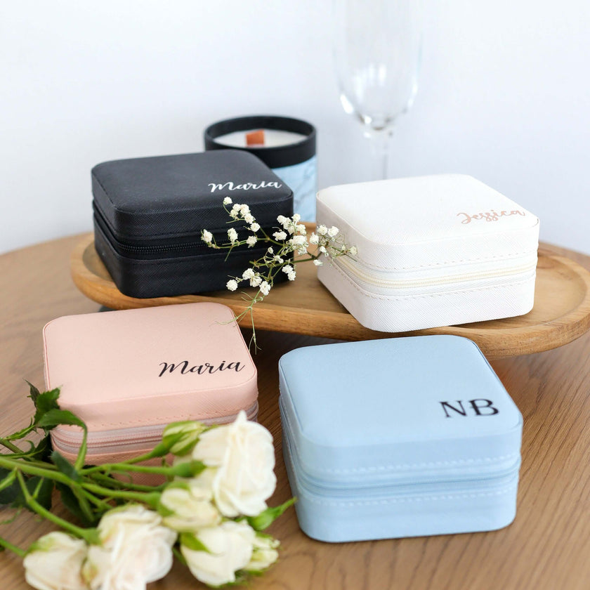 Personalized jewelry box on table aesthetic travel case setup