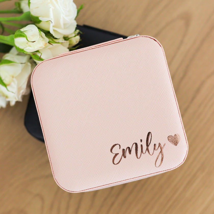 Personalized jewelry box with name engraved beige travel case