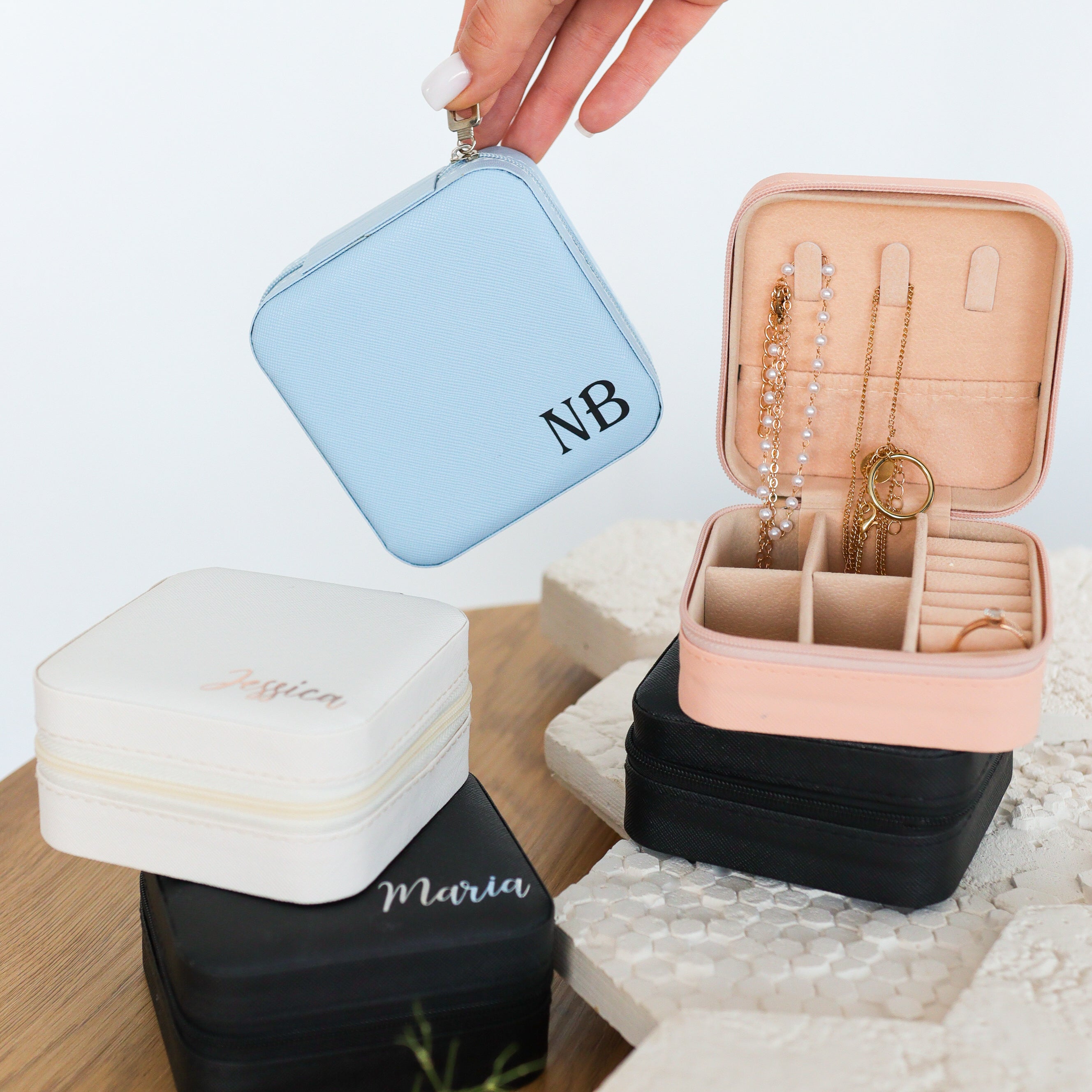 Jewelry boxes set in pastel colors personalized travel cases