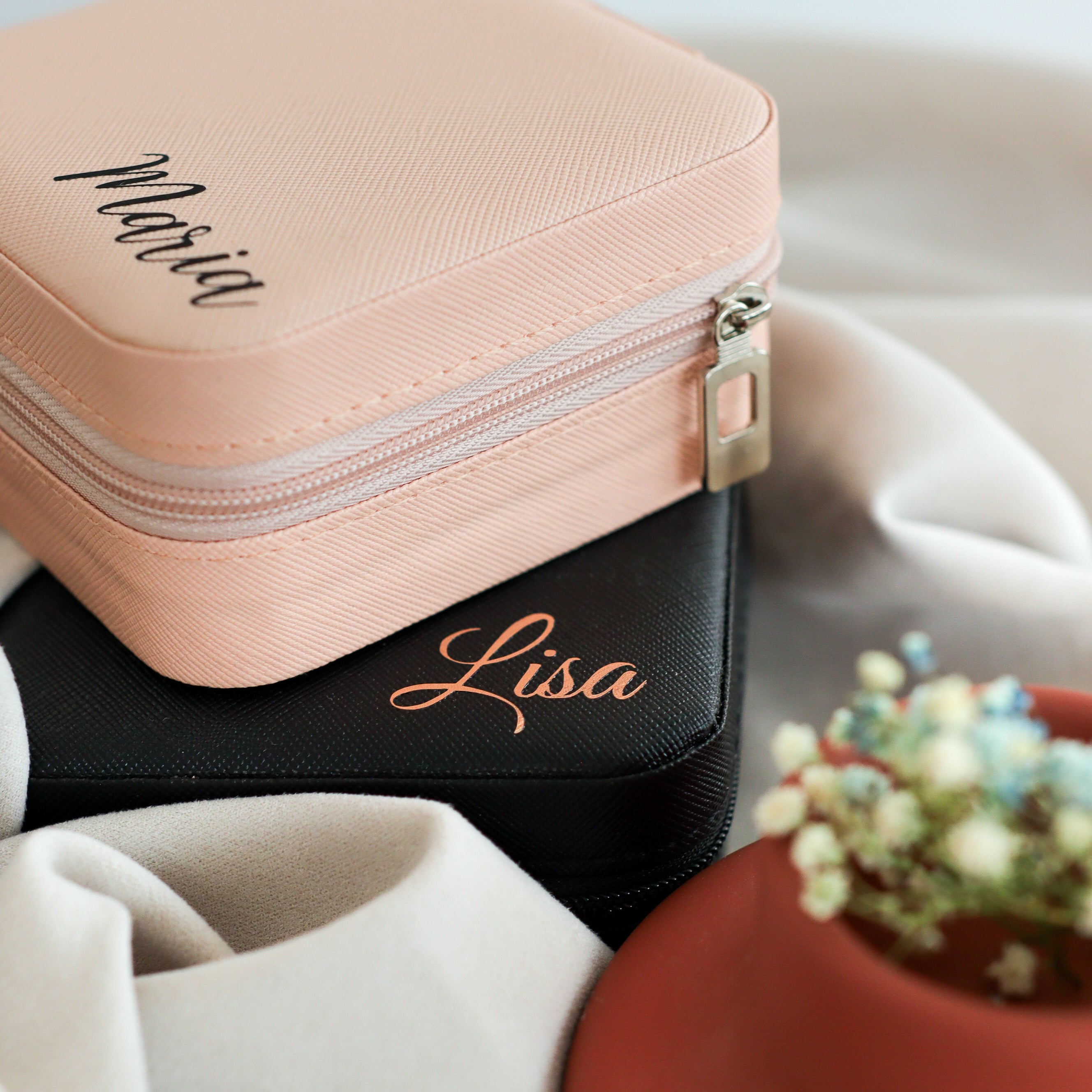 Set of jewelry boxes in different colors bridesmaid gift cases