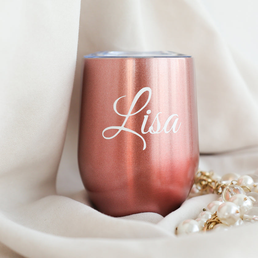 Personalized bridesmaid tumbler close up with name engraving