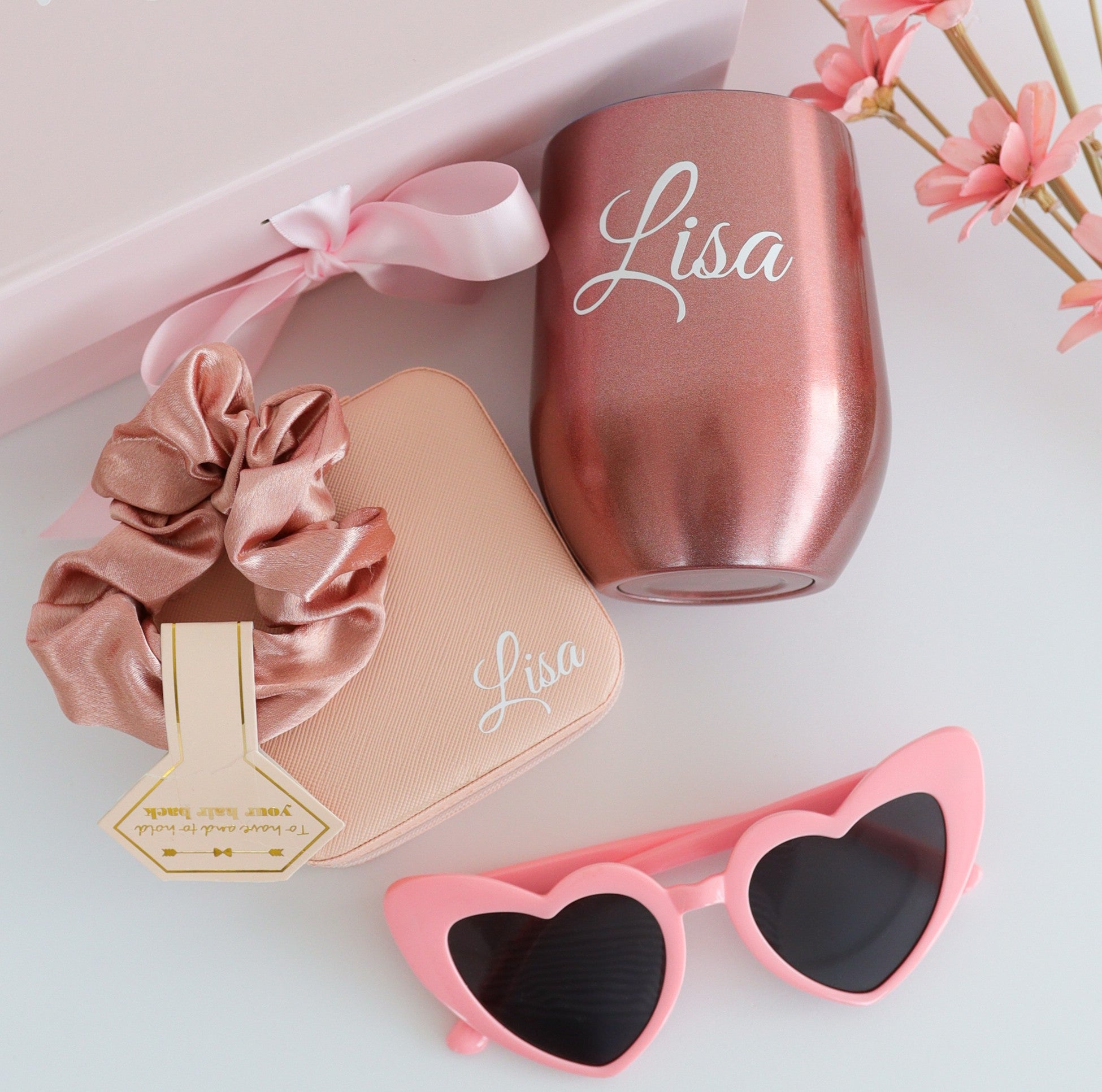 Pink bridesmaid tumbler aesthetic gift box setup
