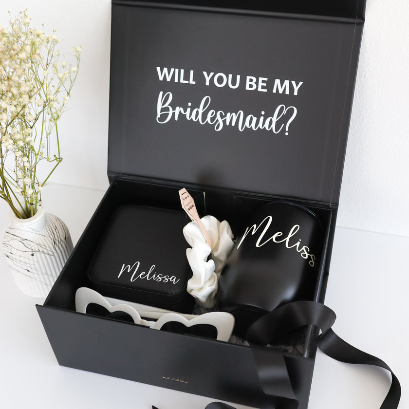 Black bridesmaid proposal box with tumbler and jewelry case