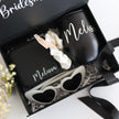 Black bridesmaid gift box open with tumbler inside