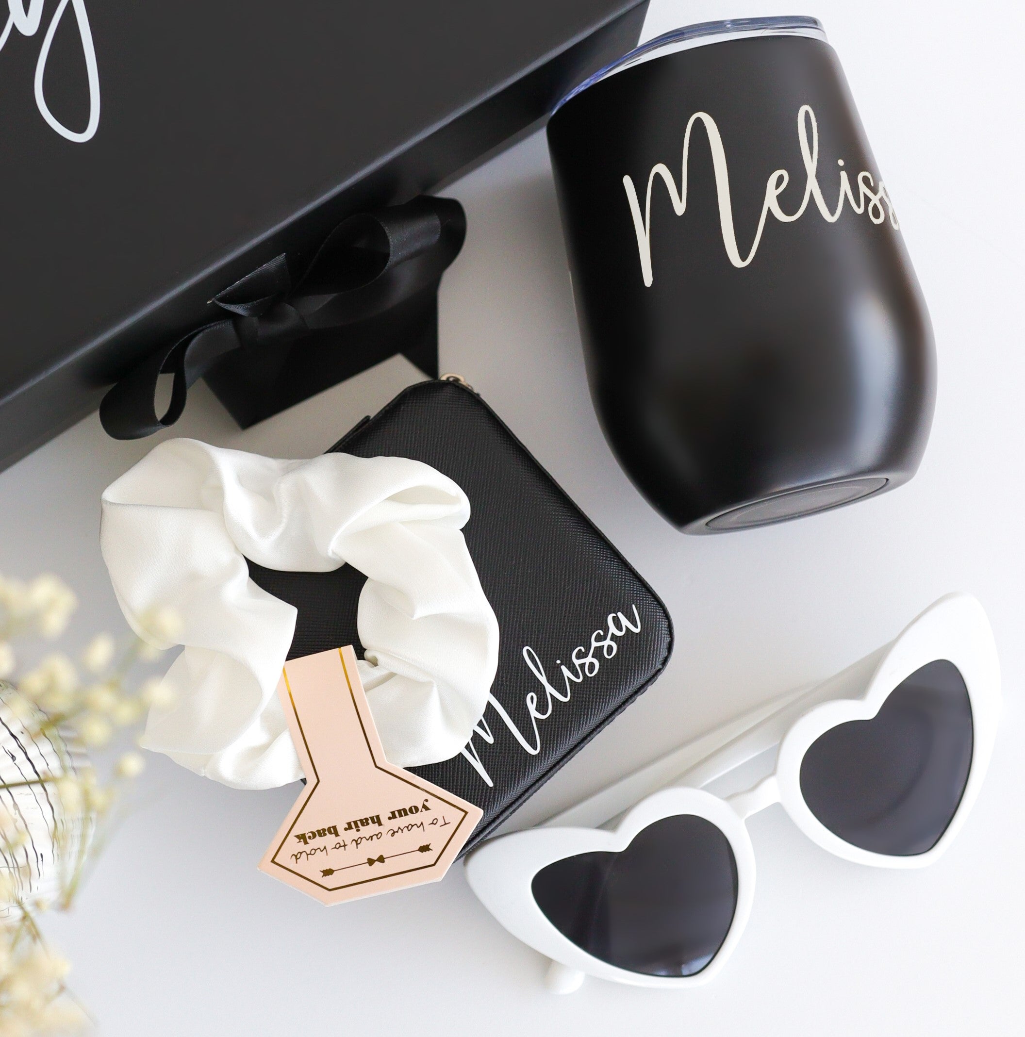 Black bridesmaid gift box with tumbler and pouch set
