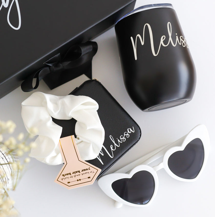 Black bridesmaid gift box with tumbler and pouch set