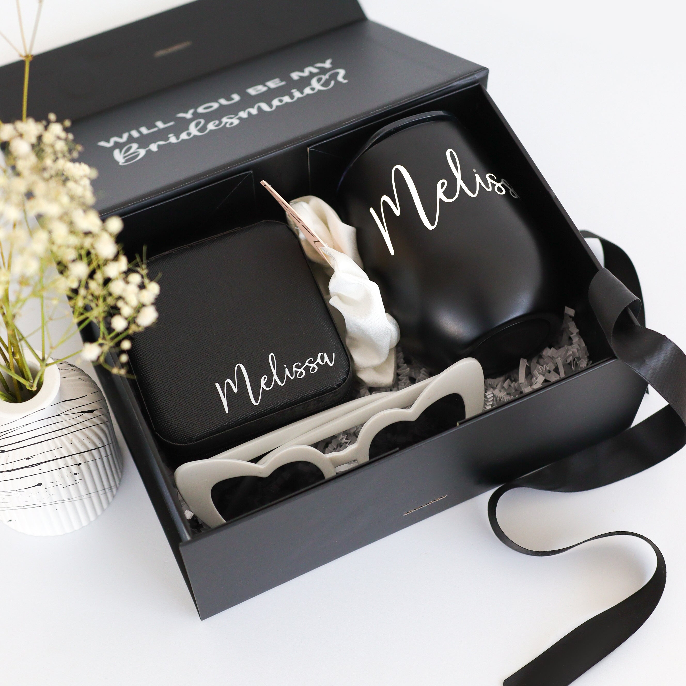 Bridesmaid proposal box open with tumbler and items inside