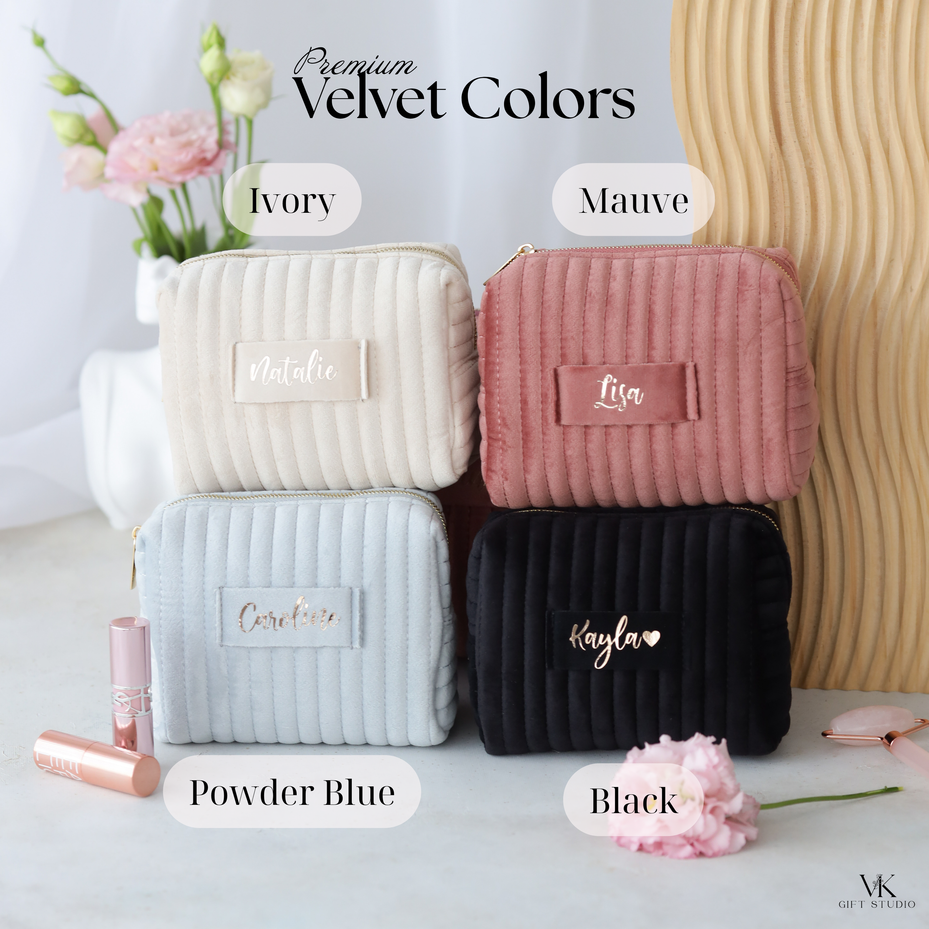 Personalized velvet makeup bags in black and pink color options