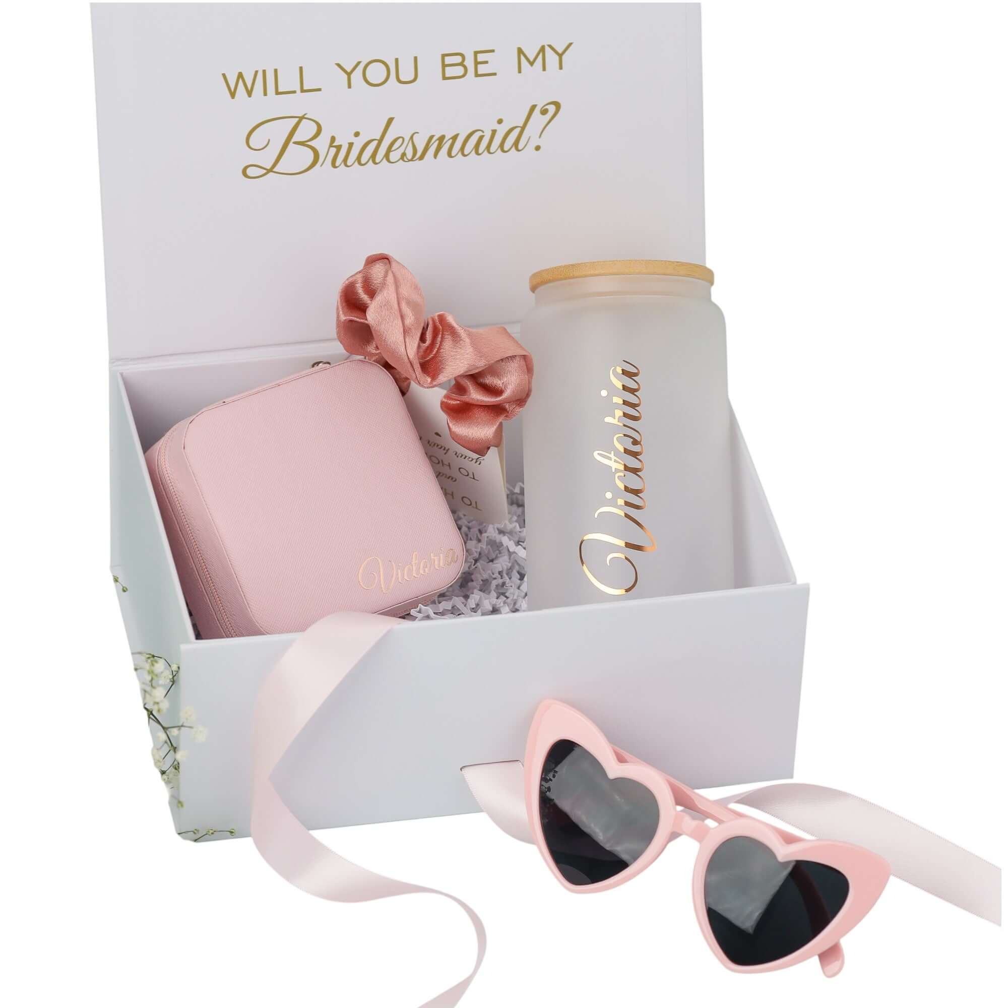 Personalized bridesmaid gift box with tumbler and jewelry case