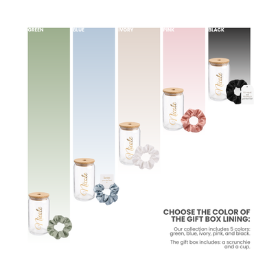 Glass Tumbler Bridesmaid Gift Set – Personalized 16 oz Tumbler & Scrunchie