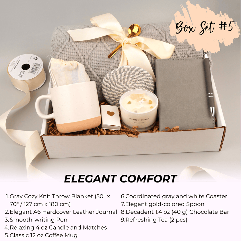 Hygge style gift box arrangement with blanket candles and decor