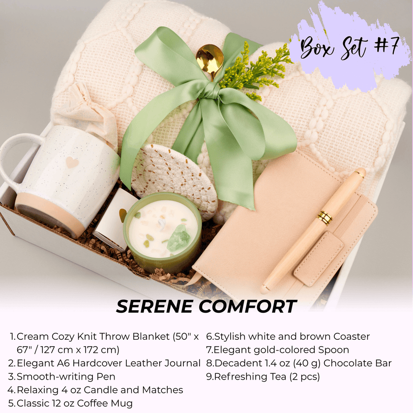 Aesthetic hygge gift box layout with blanket and warm tones